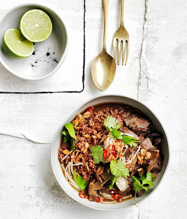 Braised beef short ribs with red rice and mushrooms