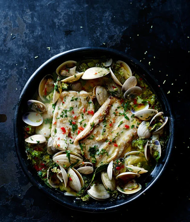 Baked fish and clams