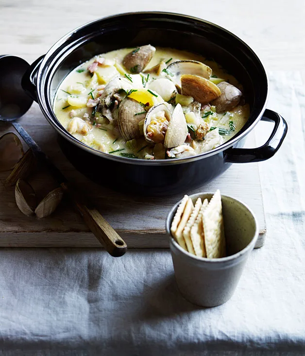 New England-style clam chowder and crackers