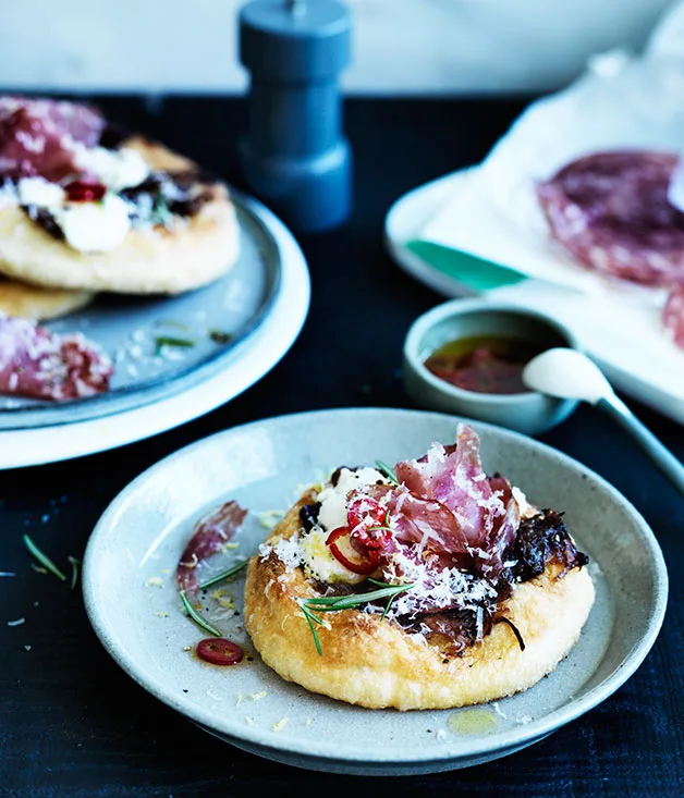 Pizze fritte with onions, ricotta and chilli oil