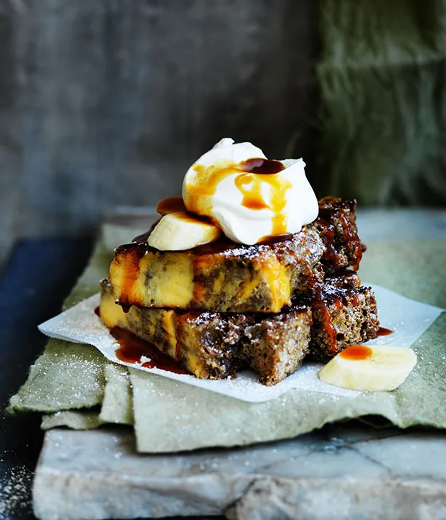 Bread and butter pudding with banana and butterscotch sauce