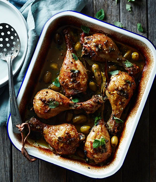 Roasted chicken drumsticks with olives and capers