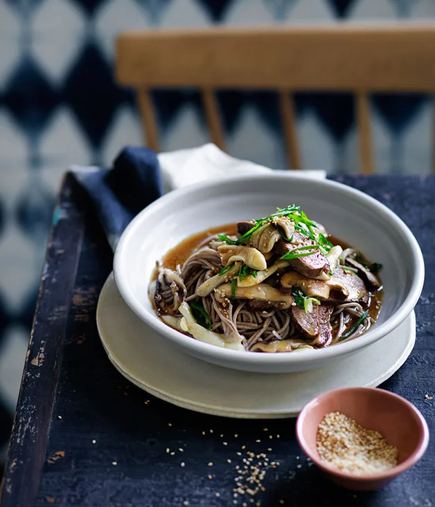 Soba noodles with miso flank steak, soy and mushrooms