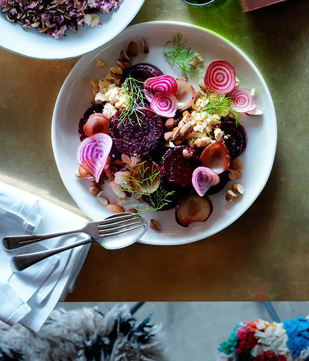 Roast beetroot with shankleesh, onion, almonds and dill