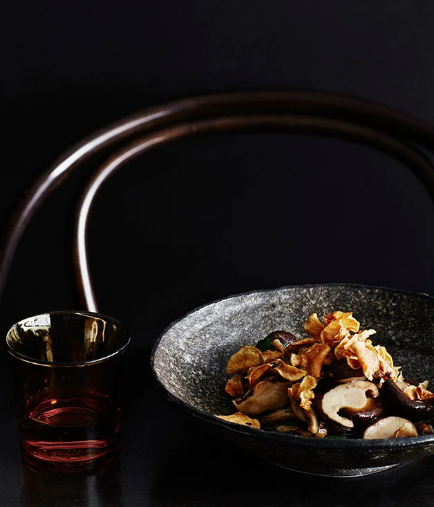 Chinese mushrooms with warrigal greens and Jerusalem artichokes