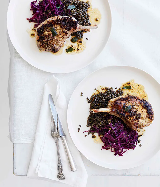 Mustard and sage pork cutlets with red wine cabbage and lentils