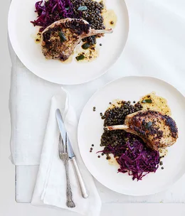 Mustard and sage pork cutlets with red wine cabbage and lentils