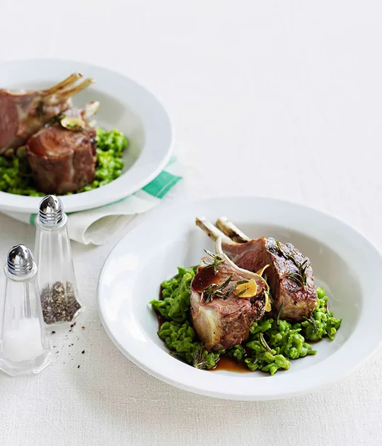Roast lamb racks with mashed peas | Gourmet Traveller