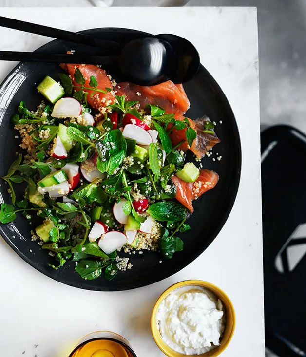 Cucumber, radish and quinoa salad with ocean trout and yoghurt
