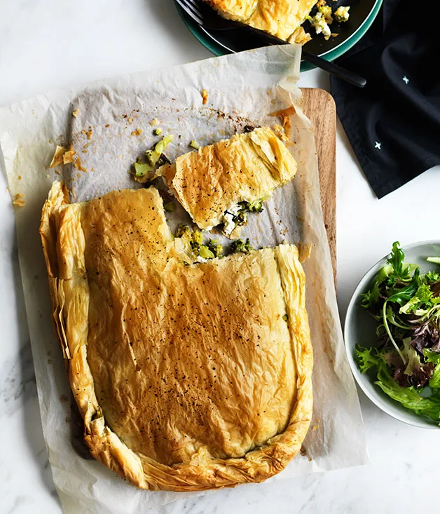 Broccoli, feta and anchovy fillo pie