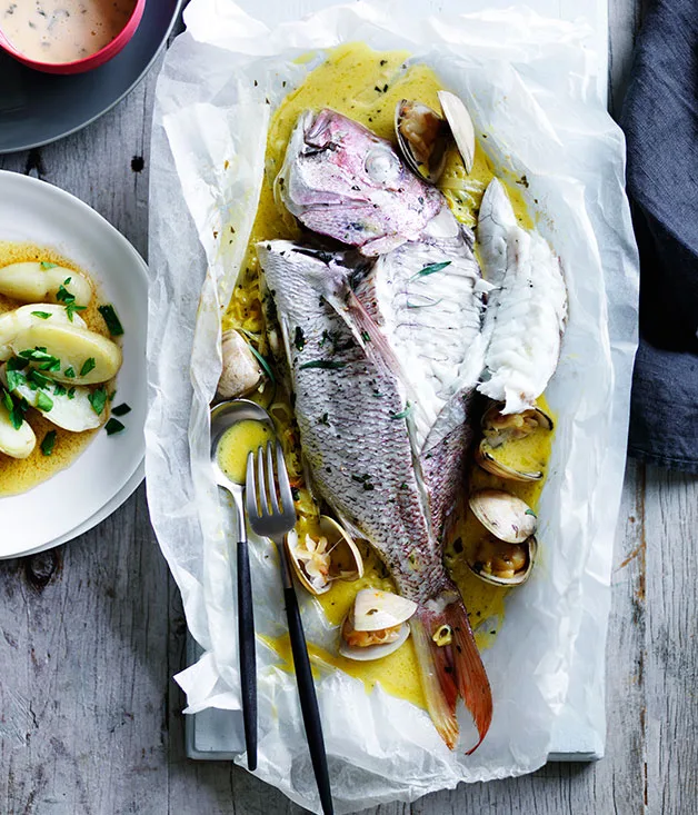 Snapper and clams en papillote with tarragon beurre blanc