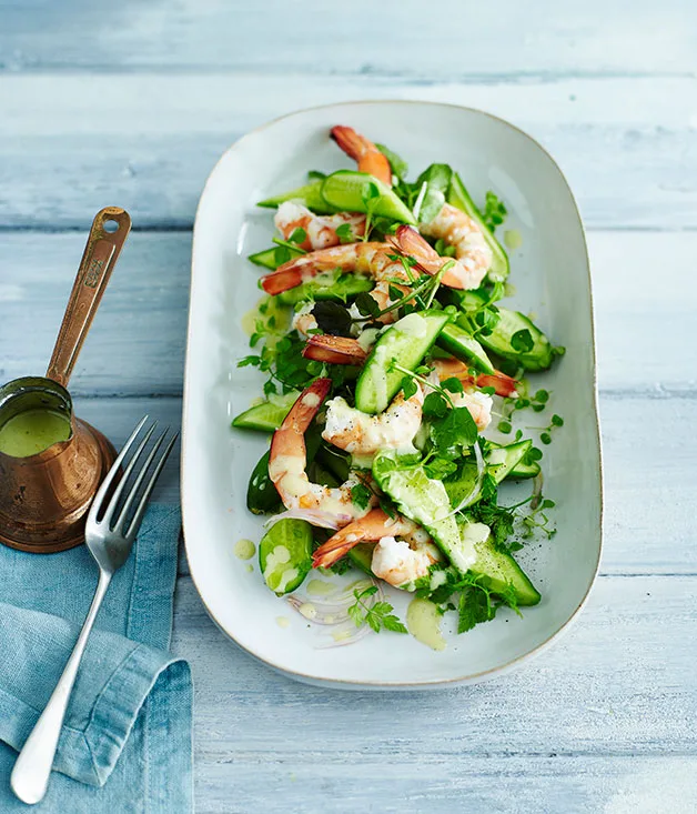 Poached prawns with cucumber, chervil and lamb’s lettuce salad