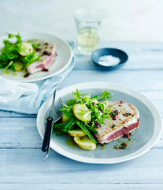 Seared tuna with potatoes, baby beans, frisée and olive vinaigrette