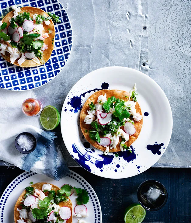 Tostadas with radish, crab and jalape&ntilde;o salsa