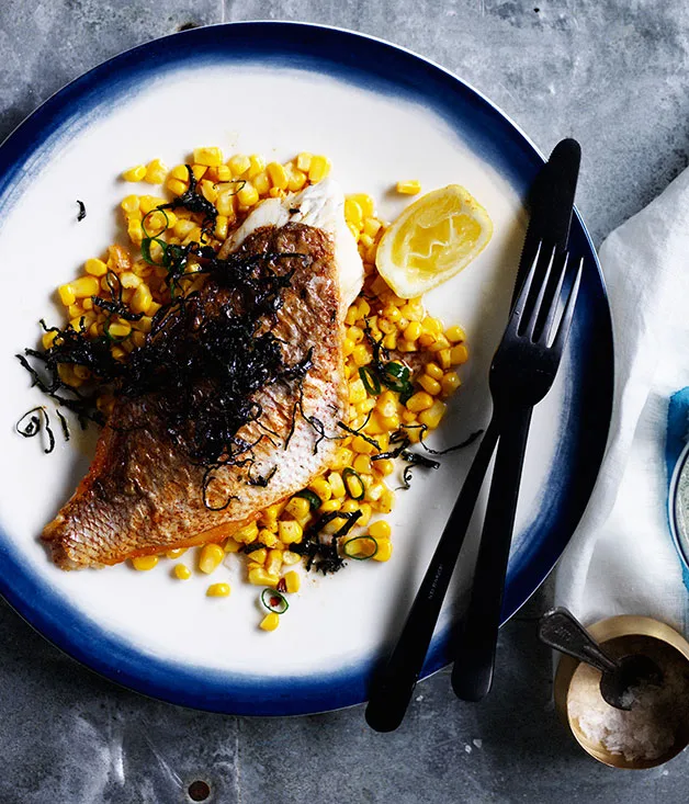 Snapper with corn salad, burnt butter and shredded nori