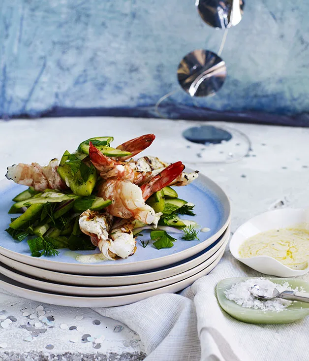 Barbecued prawns with pickled and grilled cucumber