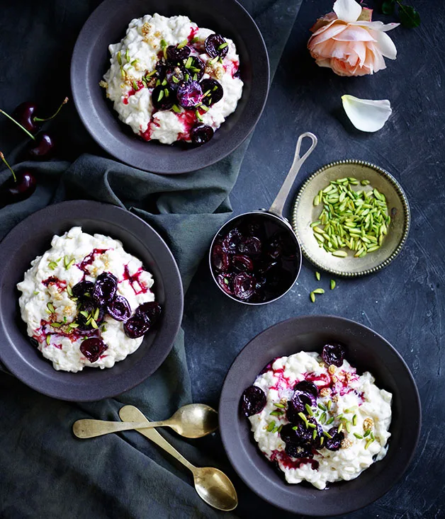 Chilled rice pudding with roasted cherries and pistachio