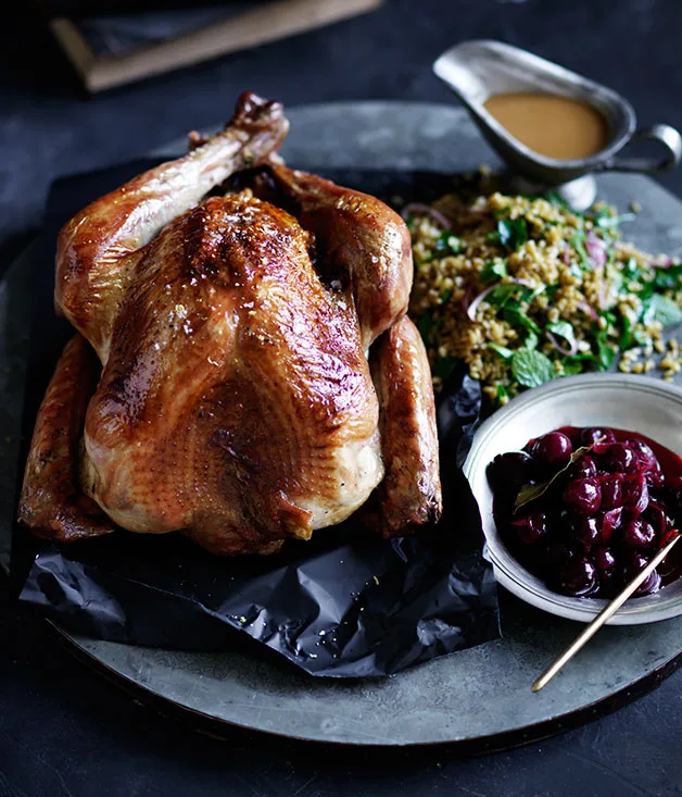 Roast turkey with sour-cherry stuffing and pickled cherries