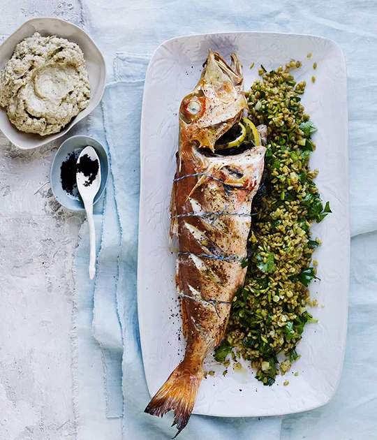 Roasted Gurnard with Smoky Eggplant, Farro, and Lemon