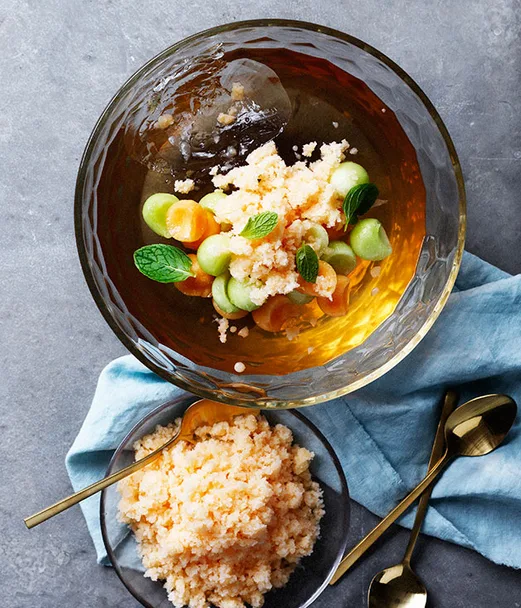 Prosecco jelly with melon and buttermilk granita