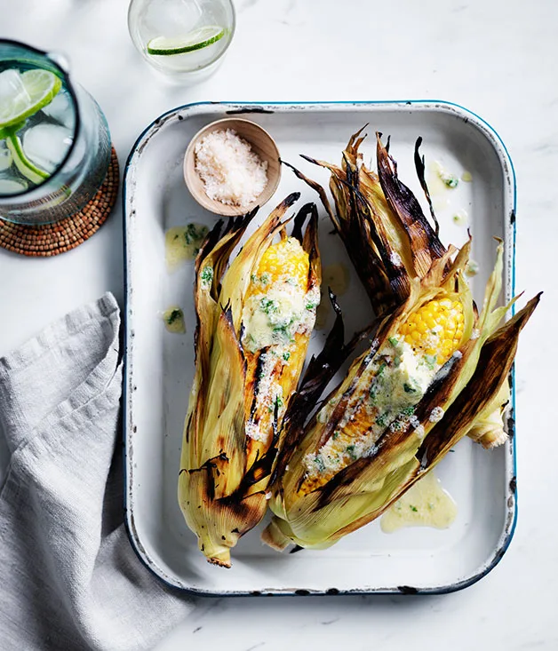 Grilled corn with whipped sesame butter, lime and coriander