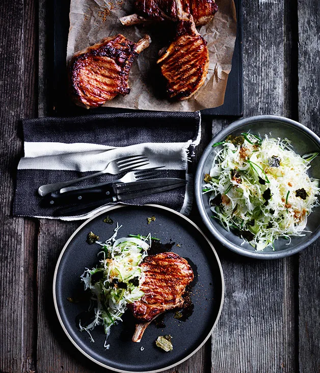 Soy-glazed pork cutlets with Japanese slaw