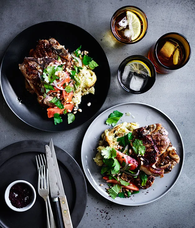 Lamb loin chops with smoky eggplant, and farro and tomato salad