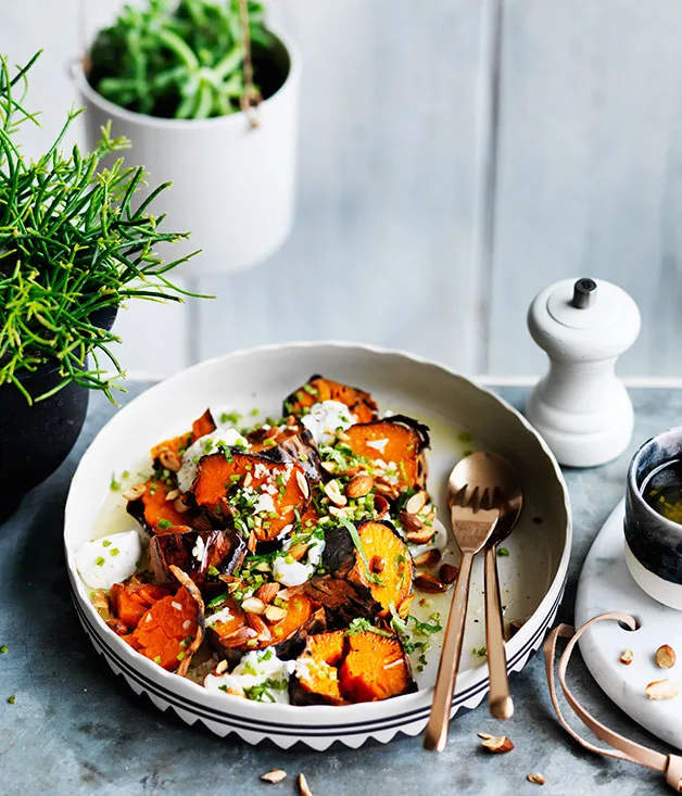 Charred sweet potato, goat’s curd and almonds