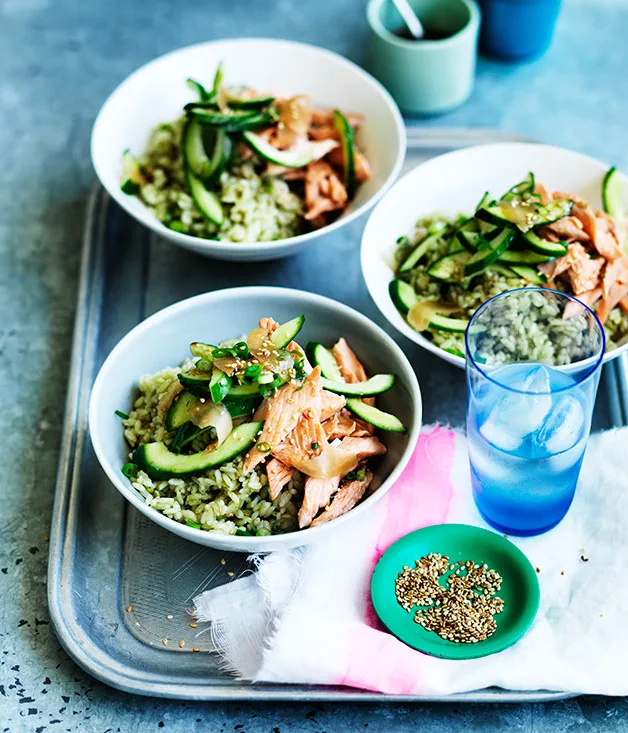 Matcha rice with smoked trout, cucumber and pickled ginger