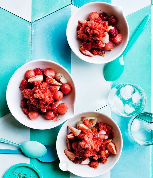 Watermelon, lychee and berries with strawberry and black pepper granita