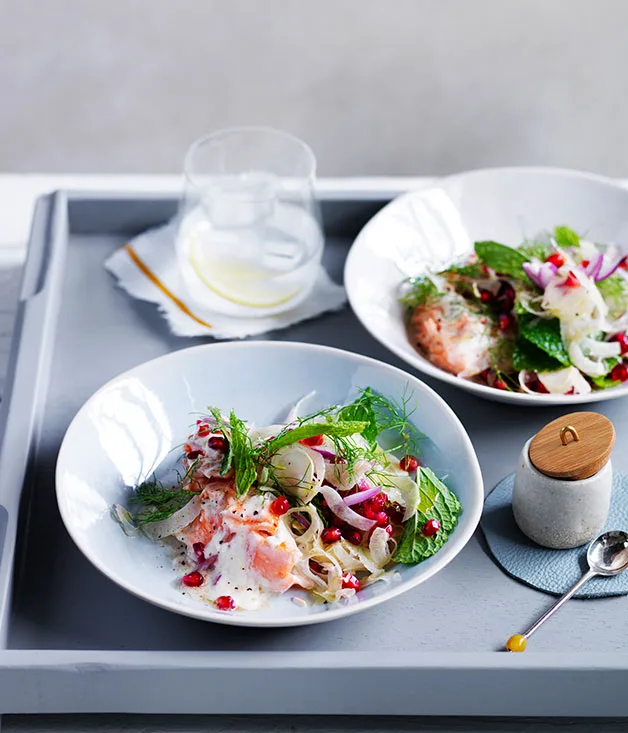 Fish with tahini sauce, pomegranate and fennel