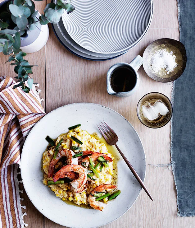 Corn and grits with brown butter and prawns