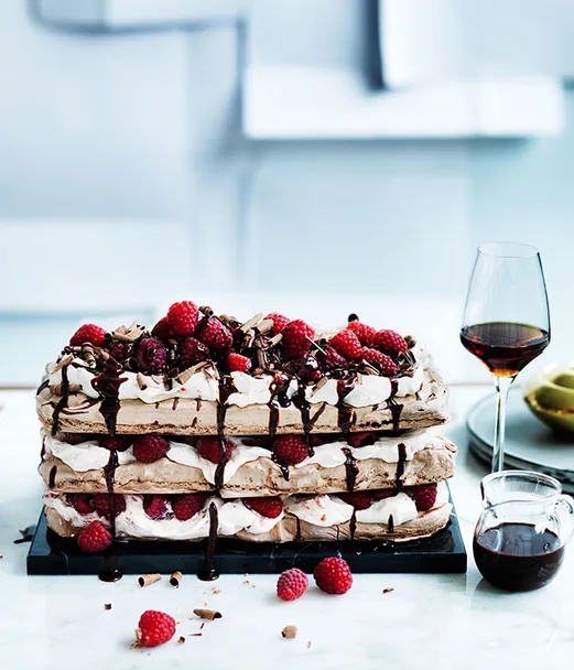 Chocolate raspberry meringue cake