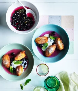 Hot ricotta fritters, blueberry-lime compote and ricotta cream