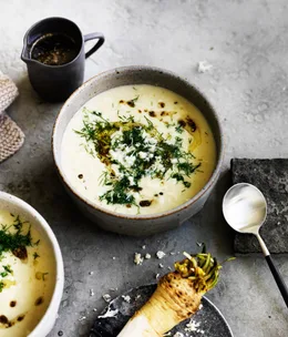 Fennel soup with toasted fennel seed oil and horseradish
