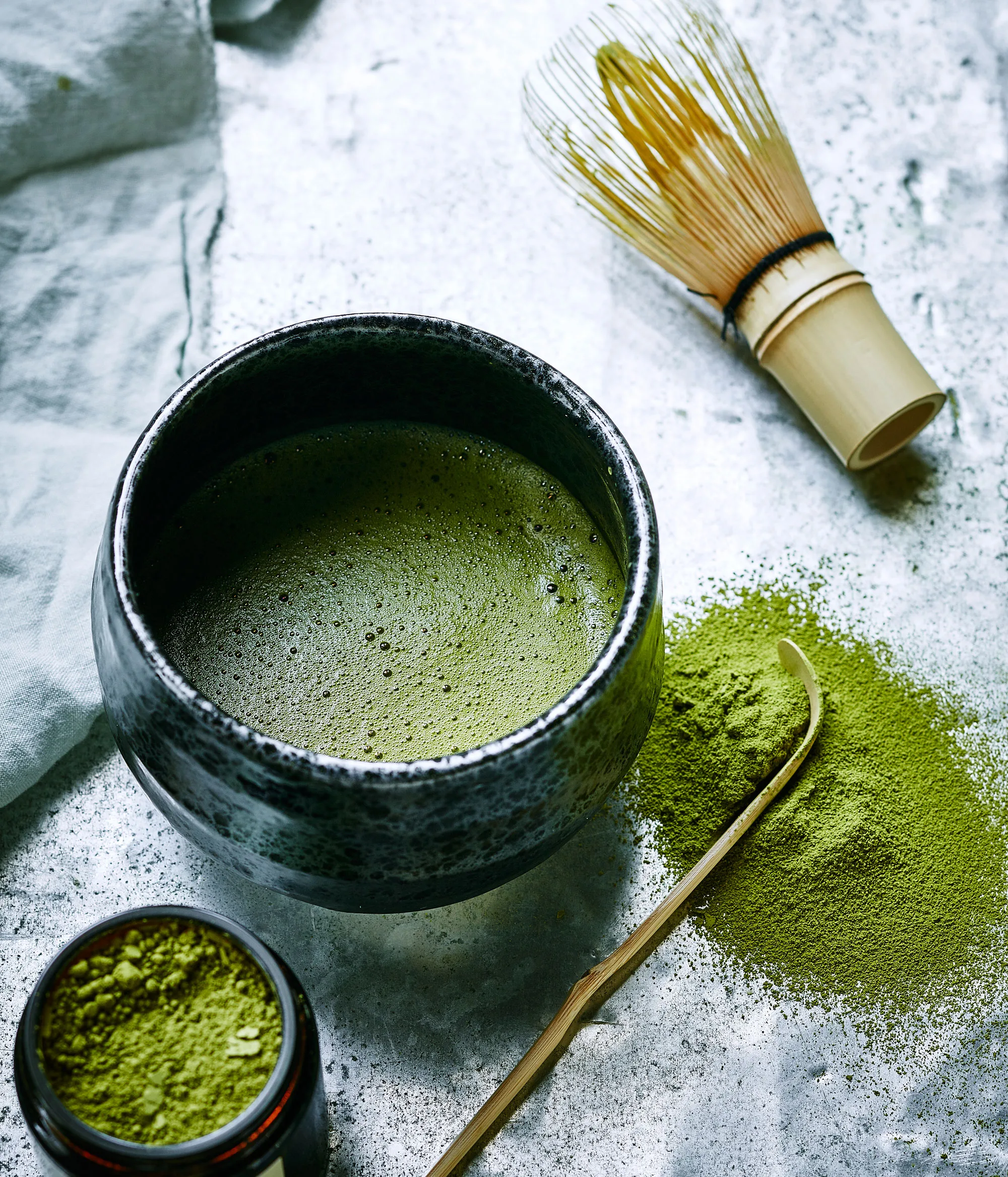 Chawan, chasen and chashaku matcha kit from T2. Matcha tea (spilt) from T Totaler, jar of matcha from Scullery Made.