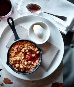 RHUBARB, STRAWBERRY AND PINK PEPPERCORN CRUMBLE WITH CHAMOMILE ICE-CREAM