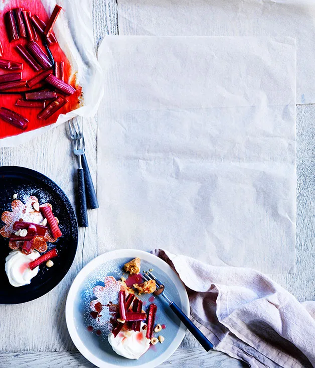 Hazelnut cakes with roast rhubarb