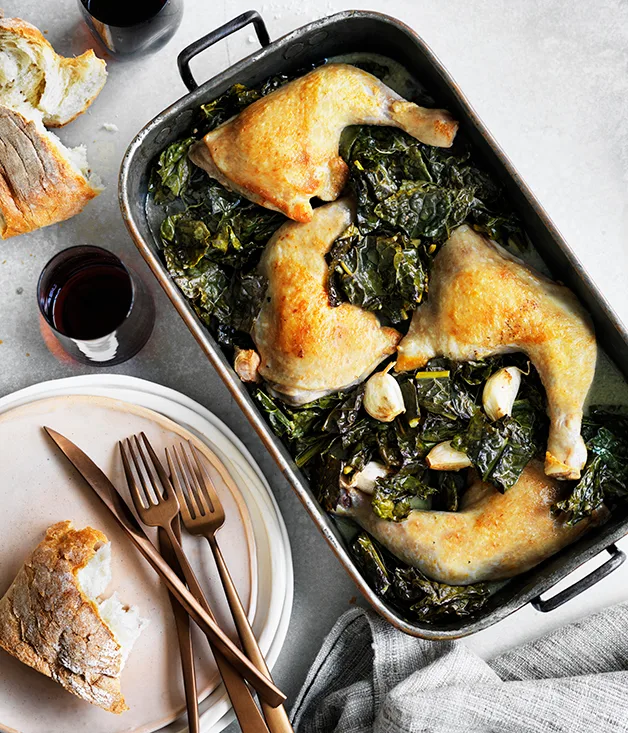 Chicken braised with cavolo nero and wine