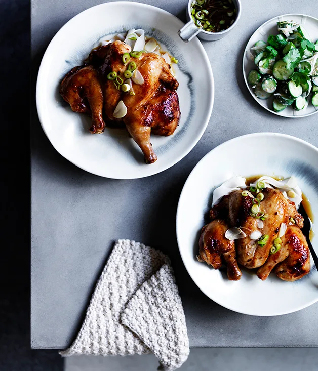 Roast spatchcock with choganjang and sesame cucumbers