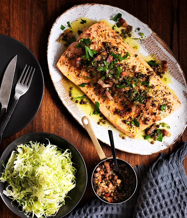 Roast trout with warm green lentil and bacon dressing