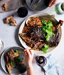Eight hour lamb shoulder with Israeli couscous and labne