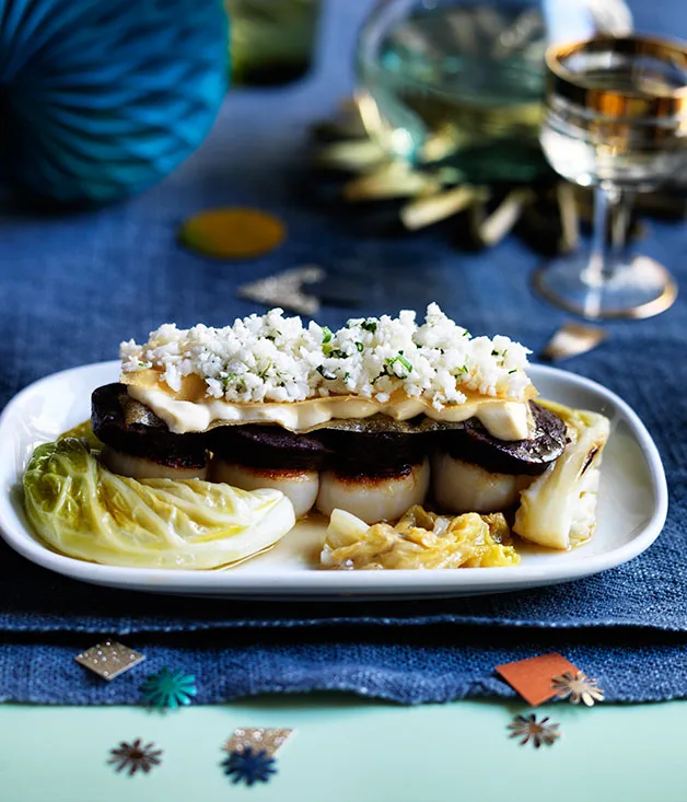 Bodega's morcilla and scallops with braised cabbage, tahini sandwich and pickled cauliflower