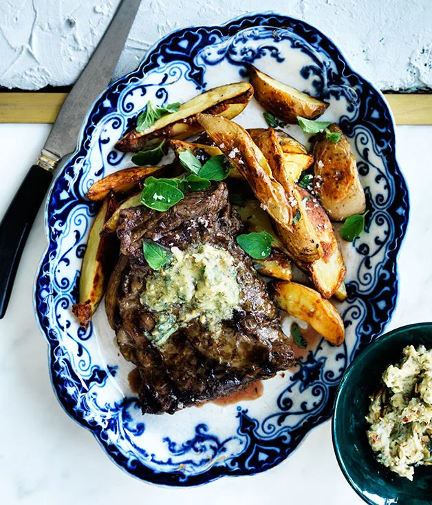 Skirt steak with pepita-lime butter and roasted potatoes