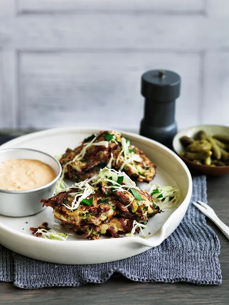 Corned beef and cabbage fritters with Russian-style sauce reicpe | Gourmet Traveller