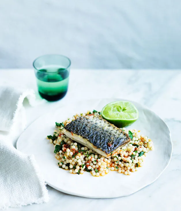 Sea mullet with harissa, preserved lemon and pearl couscous