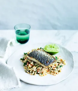 Sea mullet with harissa, preserved lemon and pearl couscous