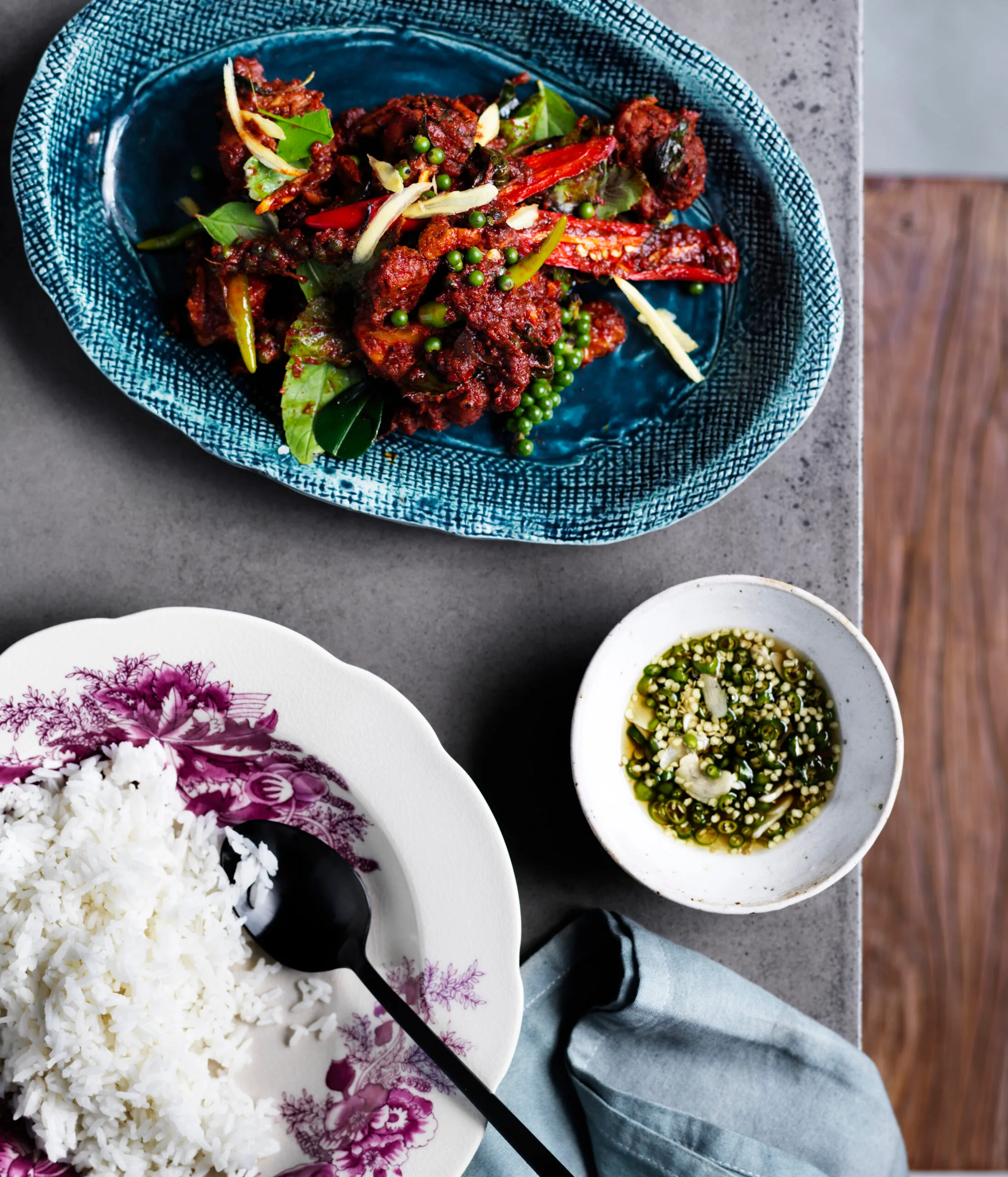 David Thompson's chicken stir-fried with red curry, green peppercorns and holy basil