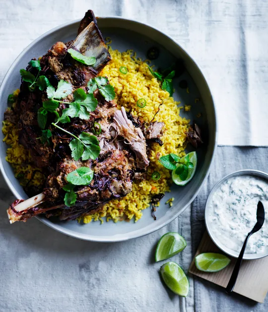 Indian-Spiced Lamb Shoulder with Saffron Pilaf