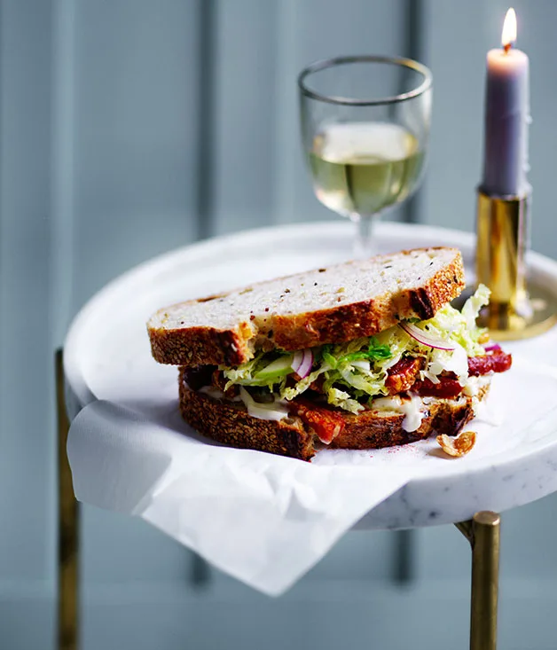 Pork scratchings sandwich with apple and cabbage slaw